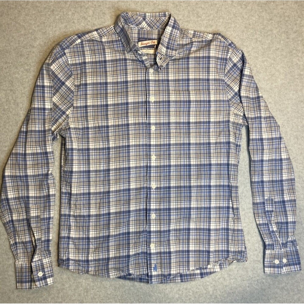 Johnnie O Sz S Shirt Hangin Out Style Blue  Gray Plaid Button Up